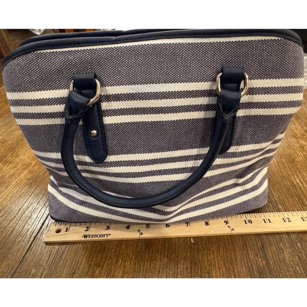 Kate Spade New York Navy White Striped Canvas Satchel Handbag Leather Trim